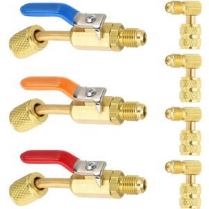 PATIKIL 3Pcs Air Conditioning Refrigerant Angled Compact Ball Valve 1/4 Inch SAE with 4Pcs Angle Converts Adapter for HVAC Charging Hoses AC Refrigerant Tools