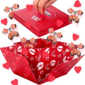 Red Butterfly Explosion Gift Box with Lid, DIY Unique Exploding Surprise Love Heart Gift Box with Lip for Valentines Day, Galentine's Day, Wedding, Anniversaries