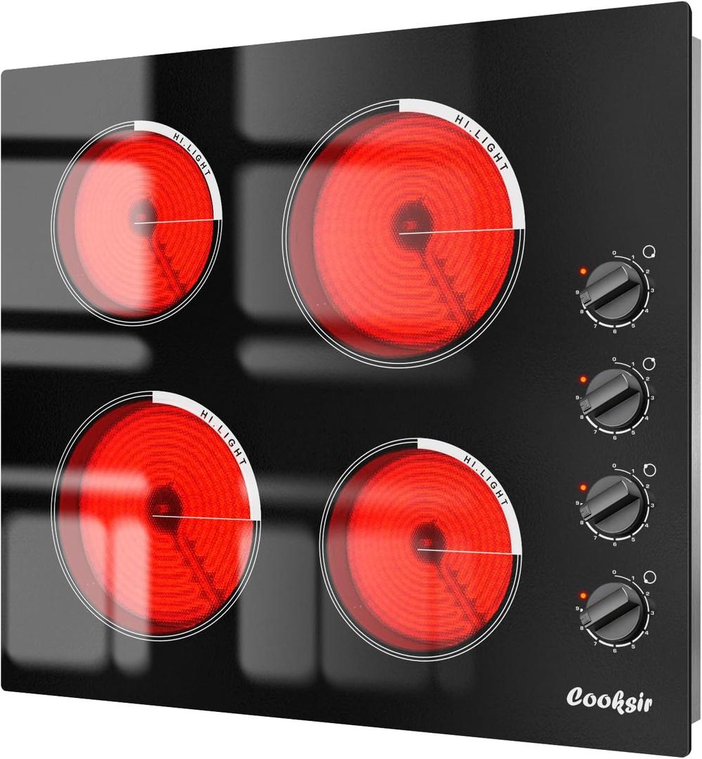 Electric Cooktop 24 Inch - 4 Burner Built-in Electric Stove Top 6000W, Radiant Electrical Stovetop with 9 Heating Level, Knob Control, Auto Shut Off Protection, 220-240V Hard Wired (No Plug)