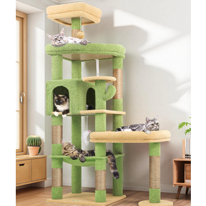 Globlazer Extra Large Platform Cactus Cat Tree, 65in Sturdy Cat Tree for Multiple Indoor Cats Large Adult, Big Cat Tower with 3 Padded Perches, 6 Scratching Posts, Spacious Condo, Hammock, S65, Green