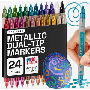 ARTISTRO 24 Metallic Dual-Tip Acrylic Paint Markers for Rock, Canvas, Glass, Wood, & More Fine + Dot Tips