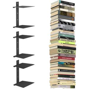 Invisible Floating Bookshelves for Wall, 6 Tier Vertical Spine Book Tower, Heavy Duty Floating Book Shelves Metal Book Organizers for Home Office, 3 Pack(Black)