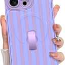 KANGHAR Compatible with iPhone 15 Pro Case, Support for MagSafe, Silicone Stripes Cute Pattern, Wristband Kickstand Camera Protection Soft Slim Cover for Girls Women -Purple