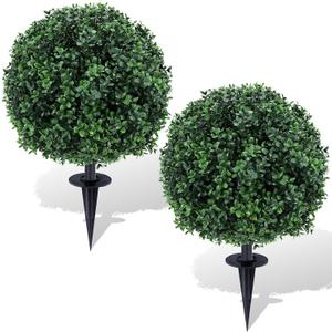 Artificial Boxwood Topiary Ball Trees with Ground Spikes UV Resistant Faux Greenery Shrubs Fake Shrubs for Outdoors, Realistic Faux Plants Bushes for Garden Porch Yard Patio Decor (Green Boxwood)