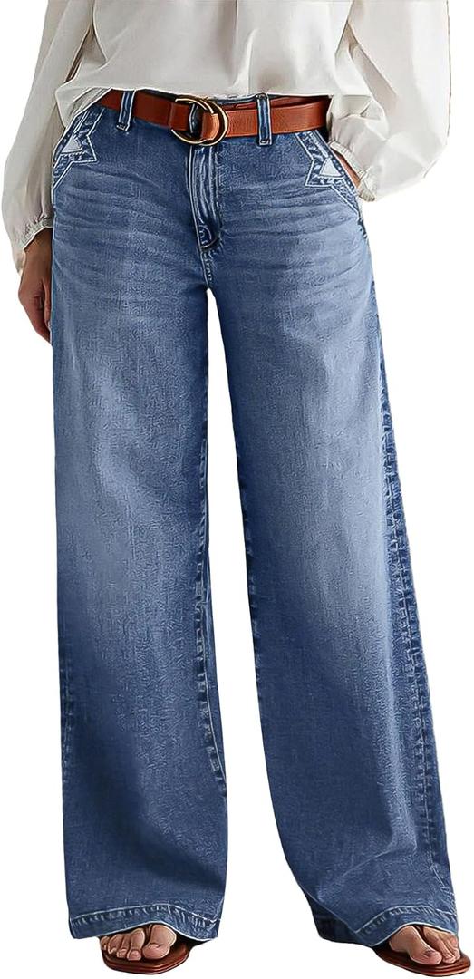 Flamingals Wide Leg Jeans for Women Mid Waist Baggy Stitch Decor Denim Washed Pants Without Belt (XXXL)