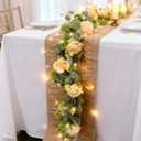 2 Pack 5.9 FT Artificial Flower Garland with Lights, Fake Floral Garland with 12 Champagne Roses, White Flower Decorations for Arch Table Centerpieces Backdrop Party Home Wedding Decorations
