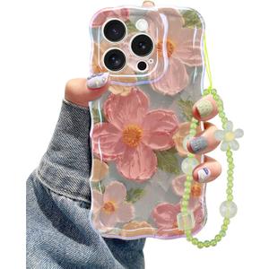 Jusy Oil Painting Flower Compatible with iPhone 14 Pro Case, with Bracelet Chain, Colorful Retro Floral Cute Curly Wave Frame Women Girls-Green
