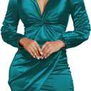 FairyLove Women's Elegant Empire Waist Long Sleeve Wedding Guest Party Cocktail Bodycon Irregular Satin Dresses (16 Green)