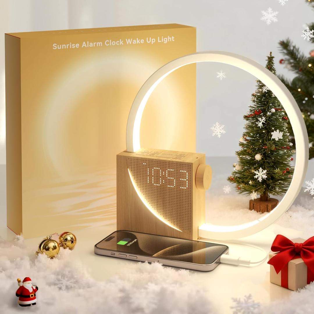 Vivilumens Sunrise Alarm Clock Sound Machine Nightlight, Gradual Wake Up Light, Digital Dimmable Clock, 10 White Noise Sleep Sounds, Snooze, Dual Clocks for Heavy Sleeper Adult, Decor Gifts for Women (New Wood Grain)