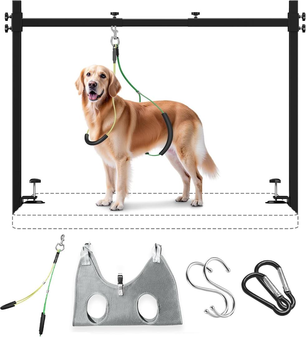 Dog Grooming Arm for Table, L Size, Adjustable 42" Height & 31"43" Width, H-Shape Stable Grooming Stand, Clamp Fits up to 2.76", with Hammock & 2 Nooses for Home Grooming & Nail Trimming