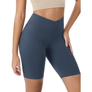 ODODOS Women's Crossover Yoga Shorts with Back Pocket, 8" Buttery Soft V High Waist Lounge Biker Shorts, Ink Blue, Small (Blue, S)