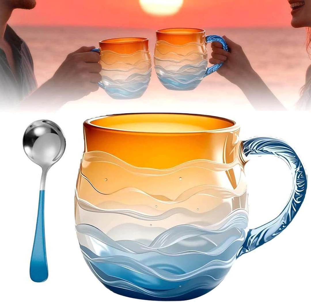Sea Glass Sundown Mug 12 Oz, Handcrafted Ocean Wave Pattern Coastal Beach Themed Mug, Unique Textured Artistic Drinkware for Coffee Tea Gift for Ocean Beach Surf Lovers