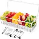 Condiment Tray with Stainless Steel 5 Spoons, 5 Forks and 1 Clip, Chilled Condiment Server, Condiment Server, Bar Garnish Holder on Ice, Bar Accessories Fruit and Salad with Removable Trays and Lid