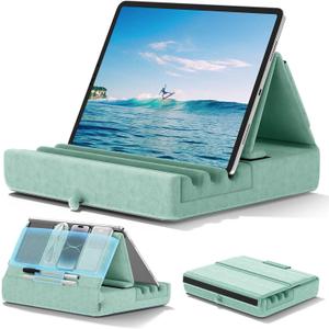 KDD Tablet Pillow Holder, Foldable iPad Stand for Lap, Bed and Desk -Tablet Soft Pad Dock with Pocket & Stylus Mount Compatible with iPad Pro 12.9, 10.5, 9.7 Air Mini 6 5 4 3, E-Reader