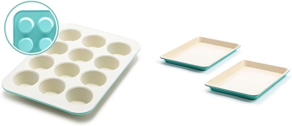 GreenLife 12-Cup Muffin & 13"x9" Cookie Baking Pan Set - Healthy Ceramic Nonstick, Turquoise