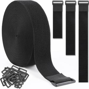1.5In x 39Ft Cinch Straps Nylon Heavy Duty with 50 Buckles, Cut to Length, Black Hook and Loop Straps, Reusable Long Cable Ties for Storage and Cord Organizer