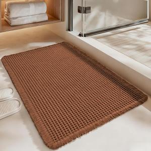 Luxury Waffle Bath Mat, Super Absorbent Non Slip Bathroom Rugs, Boho Ultra Soft Comfort Machine Washable Quick Dry Floor Mats with Tassels Coffee, 17" x 24"