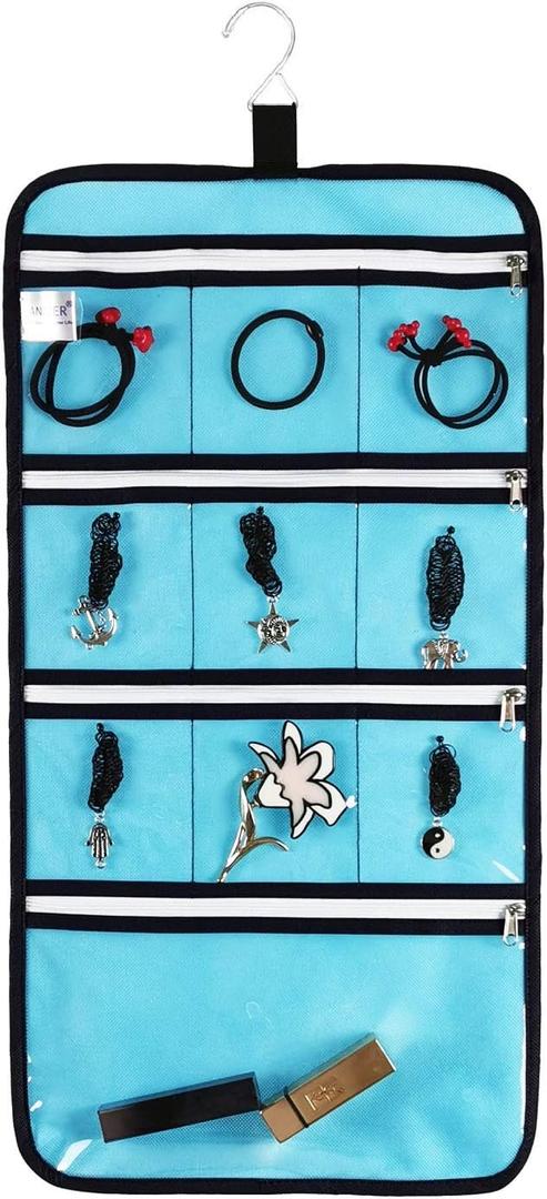 Hanging Jewelry Organizer with 10 Zippered Clear Pockets for Travel Suitcase and Home Closet Jewelry Storage Bag (BLUE)