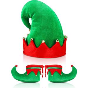 SATINIOR Christmas Santa Elf Shoes and Hat Christmas Red and Green Costume Accessory Set (8 inches, Bright Color)
