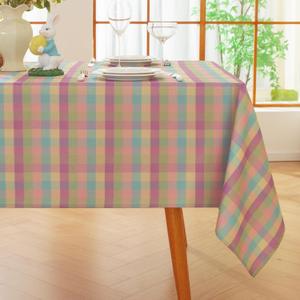 Alsoo Easter Checkered Tablecloth Rectangle 60"x 75", Cotton Linen Spring Outdoor Gingham Table Cloth Washable Wrinkle Free, Buffalo Plaid Table Cover for Party Kitchen Dining Room, Colorful Purple