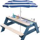 Kids 3-in-1 Sand & Water Activity Table, Wood Outdoor Convertible Picnic Table, 2 Play Boxes, Removable Top with Faucet, Picnic for Outdoor (Blue/Navy), 28" x 19.7" x 23.2"