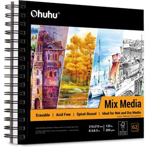 Ohuhu Mix Media Pad, 8.3" x 8.3" Mixed Media Art Sketchbook, 120 lb/200 GSM Heavyweight Papers, 62 Sheets/124 Pages, Spiral Bound Mix Media Paper Pad for Acrylic, Painting, Christmas Gift
