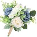 SEMONONIA 7 Inch Bridesmaid Bouquet Flowers - Artificial Bouquet for Bridesmaid Wedding Rustic Small Floral Centerpiece for Marriage Proposal Party Anniversary Dining Table Decor - Green & Dusty Blue 4 packs
