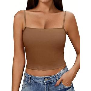 Ekouaer Womens Ribbed Spaghetti Strap Tank Top Crop Camisole Tops Going Out Basic Summer Cami 2026 (Large, Brown)