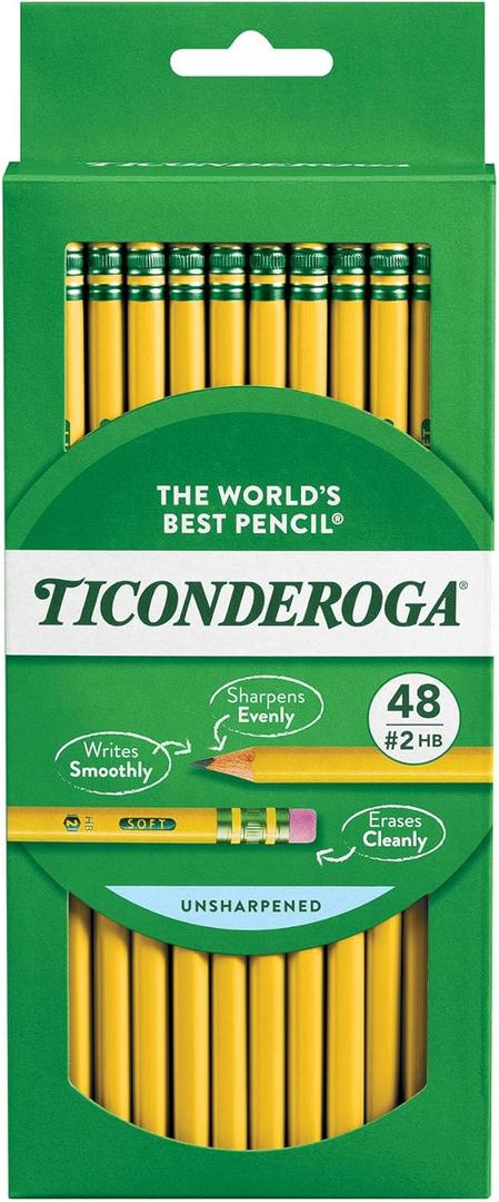 Ticonderoga Wood-Cased Pencils, Unsharpened, 2 HB Soft, Yellow, 48 Count