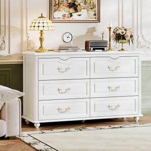 Modern 6 Drawers Dresser Chests for Bedroom,TV Stand,47.2 Wide Chest of Drawers with Handle,Clothes Organizer,Large Storage Cabinet for Living Room,Hallway,with Anti-Tipping Device,Bright white