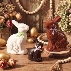 CHENGU 3 Pcs Chocolate Bunny Decor Faux Chocolate Bunny Statues 5.9'' x 3.2'' Rabbit Figurine Ceramics for Spring Farmhouse Home Living Room Table Tabletop Indoor Decor(Brown, White, Black)