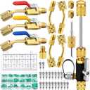 Tujoe R410a Valve Core Remover Tool HVAC Air Conditioning Refrigerant Angled Compact Ball Valve Compatible with Sae 1/4 and 5/16 Port R410 R32 Brass Adapter 20 Cores 10 Brass Nut 270 Sealing Washer