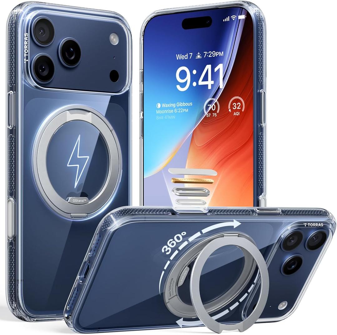 TORRAS 360 Magnetic Stand for iPhone 17 Pro Case, [Fit for MagSafe] [Rotatable Ring Kickstand] [4X Mil-Grade Shockproof] Slim Phone Cover, Camera Button, Crystal Clear, Transparent, Ostand O3 Fitness