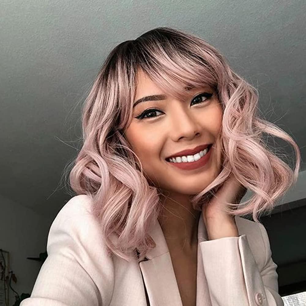 NOBLE Pink Wig with Bangs Short Ombre Pink Bob Wigs for Women Colorful Short Wavy Wigs Heat Resistant Synthetic Bob Wigs with Dark Roots for Daily Party Use (12 Inch (Pack of 1))