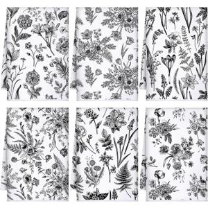 Boyiee Set of 6 Black and White Kitchen Towels Vintage Floral Plants Dish Towels Rustic Absorbent Flower Tea Hand Cloth 24"x16" for Summer Farmhouse Kitchen Bathroom Housewarming Gift