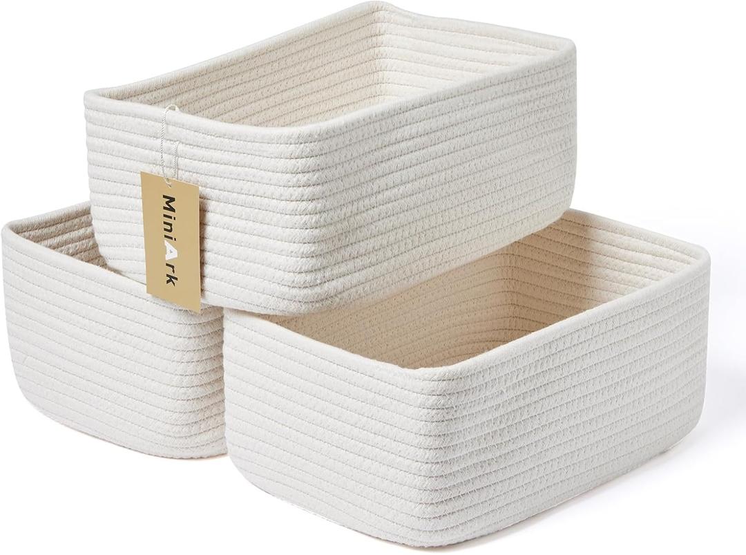 MiniArk Small Storage Baskets for Organizing | Closet Organizer Bins | Shelf Toy Basket | Woven Rope Baskets | Cube Decorative Box | Shallow Basket | 11.5x7.5x4.7” | 3 Packs Off White
