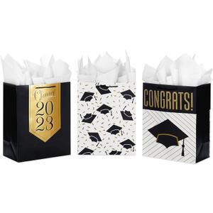 Hallmark 13" Large Graduation Gift Bags Assortment with Tissue Paper (3 Bags: Mortarboards, Class of 2023, Congrats) in Black, White and Gold