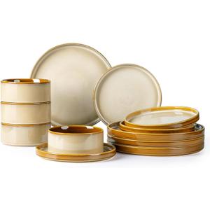 LeRatio Ceramic Dinnerware Sets for 4,Round Reactive Glaze Ceramic Plates and Bowls Set,Highly Chip and Crack Resistant | Dishwasher & Microwave Safe Dishes Set,Service for 4 (12pc)-Kahki (Reactive-Kahki)