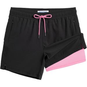 maamgic 5inch Mens Swimming Trunks with Compression Liner 2-in-1 Swim Trunks Stretch Quick Dry Swim Shorts Zipper Pockets, Large, Black and Pink