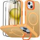 JAME for iPhone 15 Case with Stand, 2X [Tempered Glass Screen Protector][Compatible with Magnetic] Built-in Camera Kick-Stand Phone Case for iPhone 15, Magnetic Case for iPhone 15 6.1, Orange