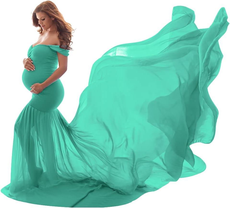 Women Maternity Dress for Photography Mermaid Off Shoulder Slim Fitted Chiffon Gown Flowy Baby Shower Maxi Photo Props Dress (One Size, Green)