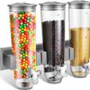 Umigy 1 Pcs Candy Dispenser Wall Mounted, Triple Dry Cereal Grain Dispenser Machine Wall Mount, Food Storage Container for Pantry Snack with 3 Cup for Kitchen, 39 oz (Gray)