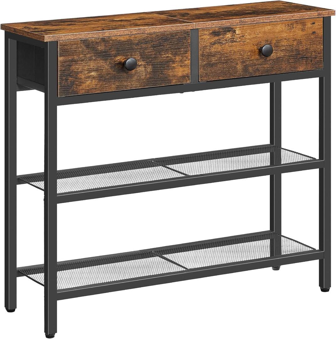 HOOBRO 29.5" Narrow Console Table with 2 Fabric Drawers, Sofa Table, Small Entryway Table with 3-Tier Storage Shelves, Behind Couch Table, for Living Room, Hallway, Rustic Brown and Black BF72XG01, 29.5" L x 9.4" W x 29.5" H
