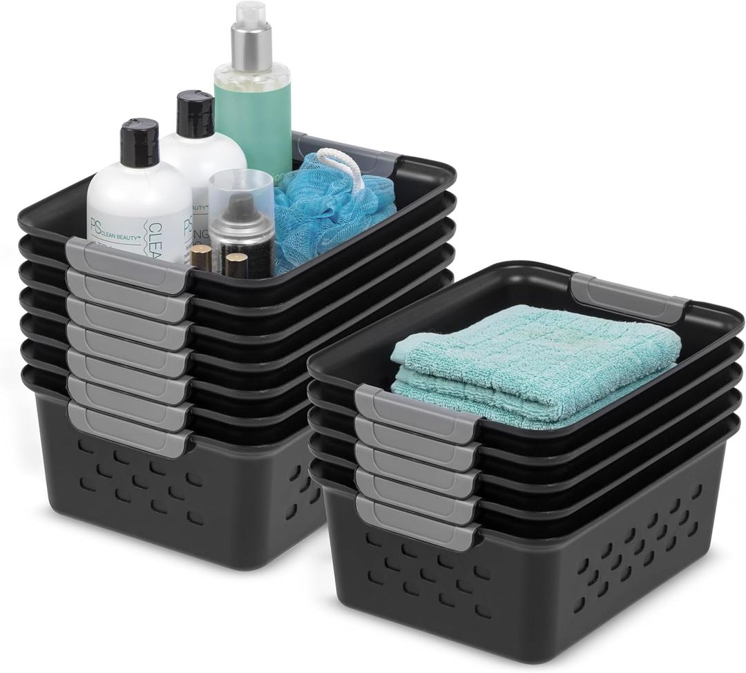 IRIS USA Plastic Storage Baskets, 12-Pack, Made in USA, Shelf Baskets Small Baskets Organizing Bins For Pantry Countertops Closet Shelves Office, Muti-Purpose, Nestable, Easy Carry, Black
