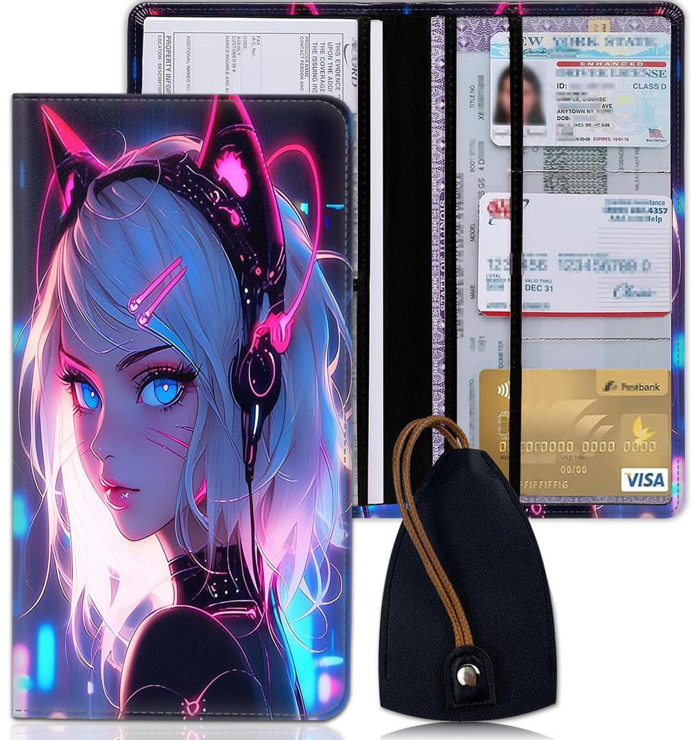 Car Registration and Insurance Holder, Vehicle Glove Compartment Organizer with Magnetic Closure, Women's PU Leather Car Paperwork Organizer, Driver License for Man, Cat Night Starry Art Pattern