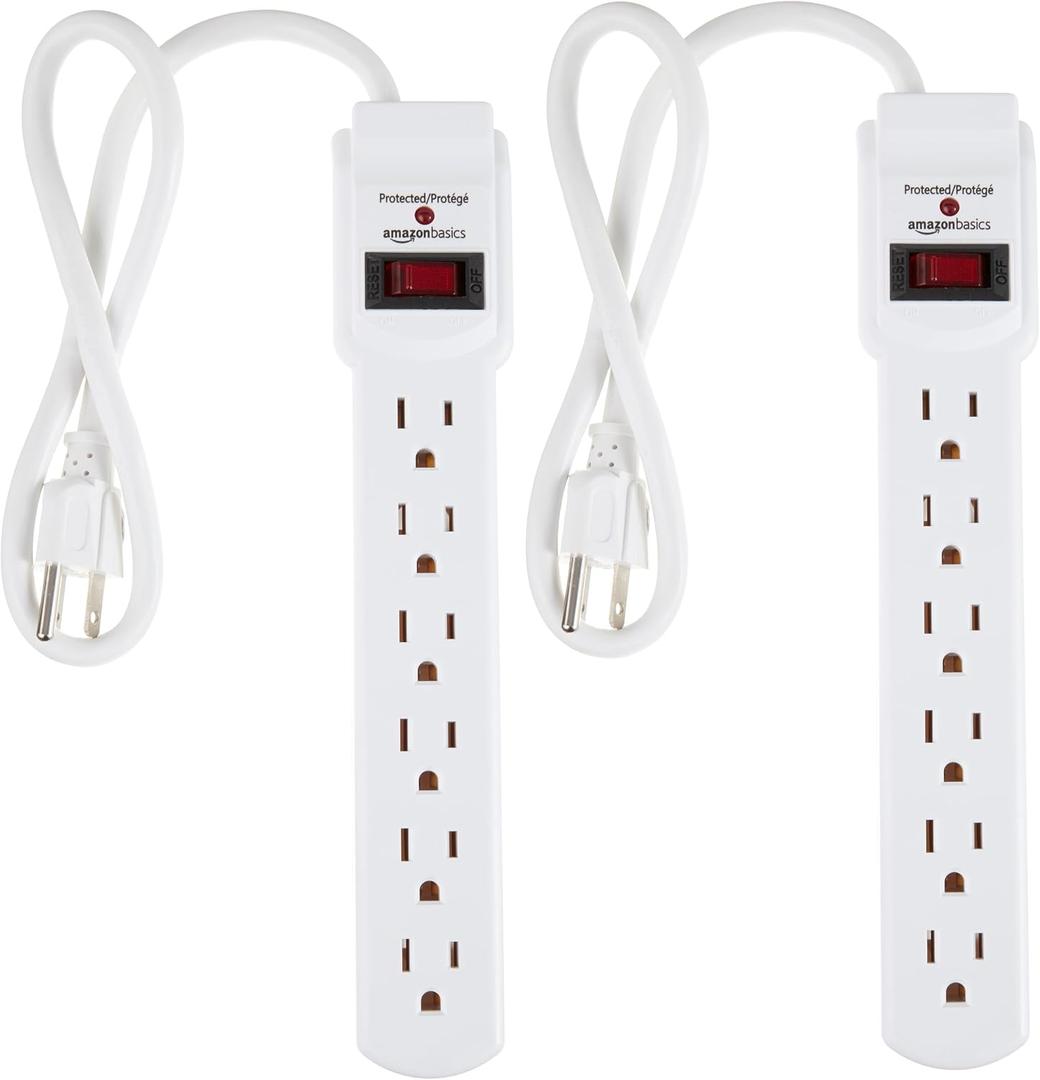 Amazon Basics Surge Protector Power Strip, 6-Outlet with 200J Protection, Circuit Breaker, LED Indicator, On/Off Switch, Wall-Mounting, 2ft Extension Cord, White, 2-Pack