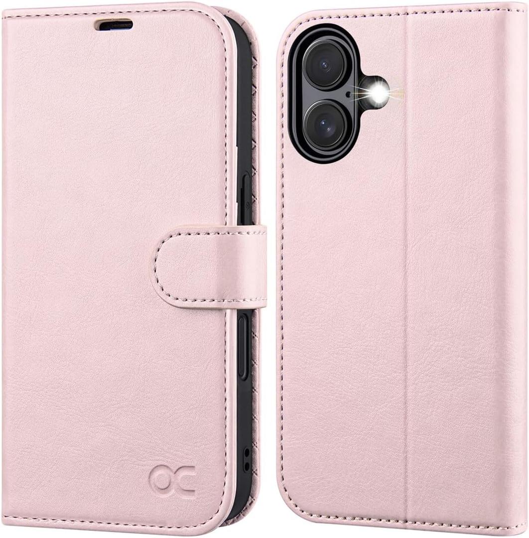 OCASE Compatible with iPhone 16 Wallet Case, PU Leather Flip Folio Case with Card Holders RFID Blocking Kickstand [Shockproof TPU Inner Shell] Phone Cover 6.1 Inch 2024, Light Pink