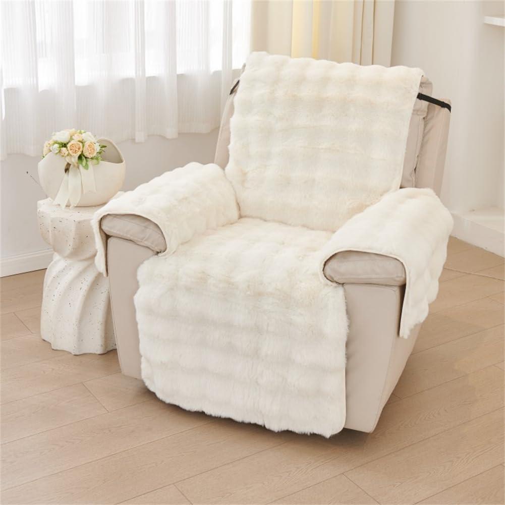 Plush Recliner Slipcover Home Faux Fur Fluffy Recliner Chair Slipcover Non Slip Back Fuzzy Fluffy Reclining Couch Cover Soft Comfort Sofa Slipcover Washable Furniture Protector (Beige)
