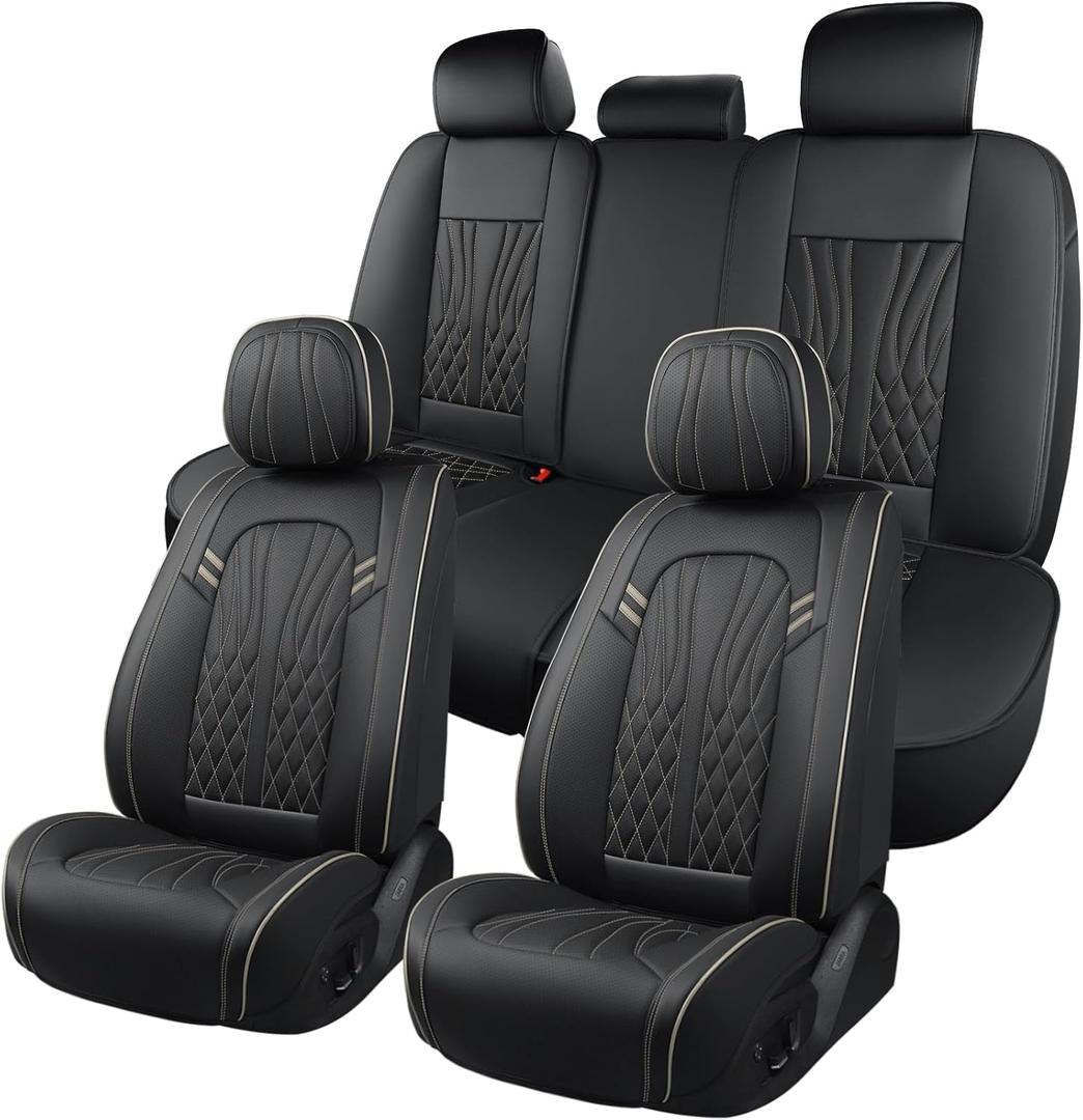 Leather Car Seat Covers 5 Pieces, Full Set Universal Seat Covers for Cars, Waterproof Nappa Leather Auto Seat Protectors, Black Car Seat Cover Most Sedans SUV Pick-up Truck Black&BeigeLine