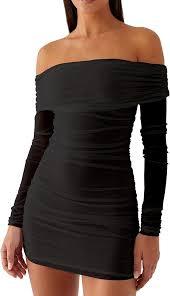 Women's Elegant Off Shoulder Long Sleeve Ruched Bodycon Cocktail Party Mini Dresses Medium